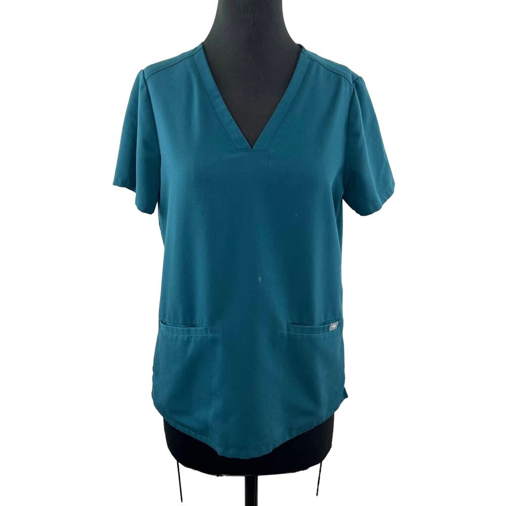 FIGS Women's Casma Three-Pocket Scrub Top Short Sleeve V-Neck Teal Green Shirt S